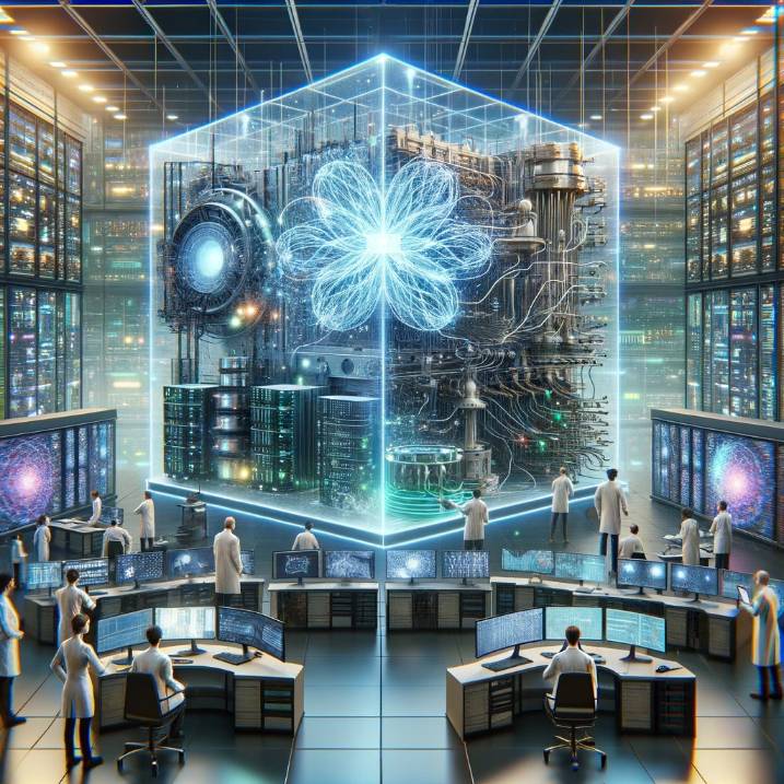 Training Process and Architecture of Neural Networks: This imaginative depiction highlights a futuristic AI laboratory filled with high-tech equipment, such as massive servers and glowing data streams. A large screen displays a 3D model of a neural network being trained, with diverse technicians monitoring the process.