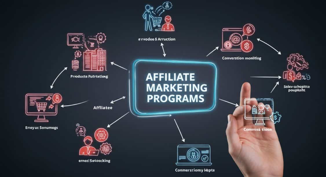 Affiliate marketing programs diagram showing key elements. How to choose affiliate programs.