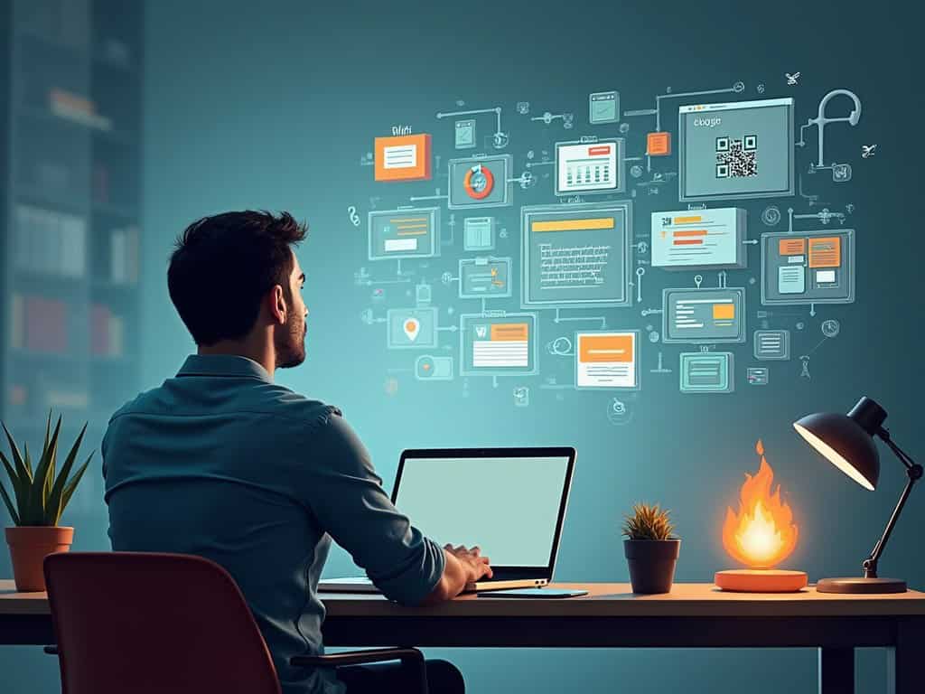 A man working on his laptop surrounded by floating icons representing content types, visually illustrating the process of generating affiliate content for online marketing and revenue generation.