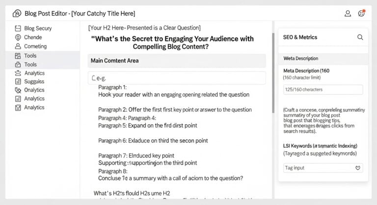 Blog editor interface with content outline, SEO metrics, meta description, and semantic keywords
