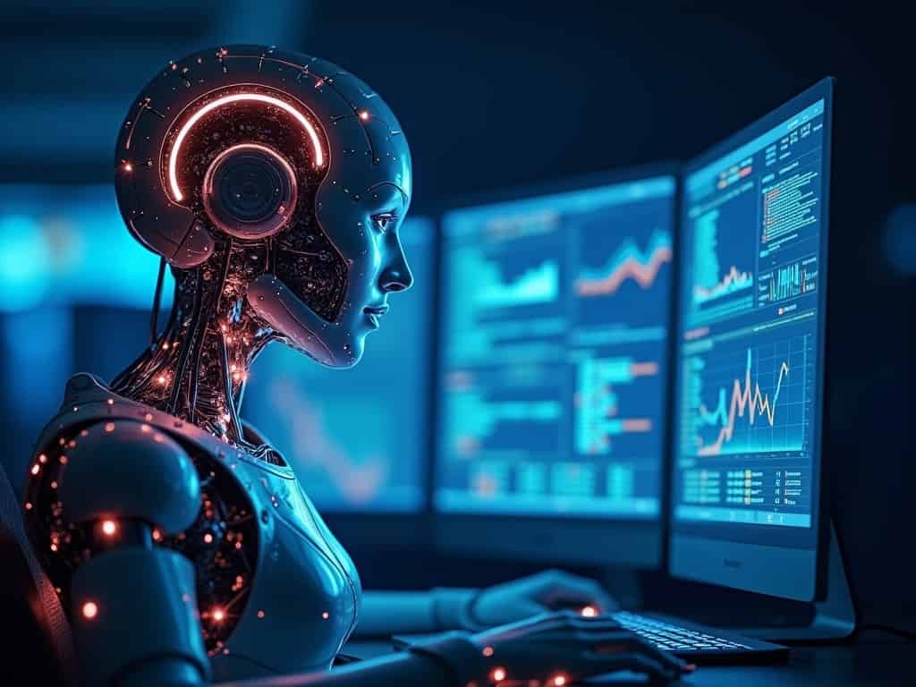 Image of a futuristic robot woman working on a computer with multiple screens displaying data charts, representing the application of generative AI in affiliate marketing for data analysis, performance tracking, and strategic content generation.