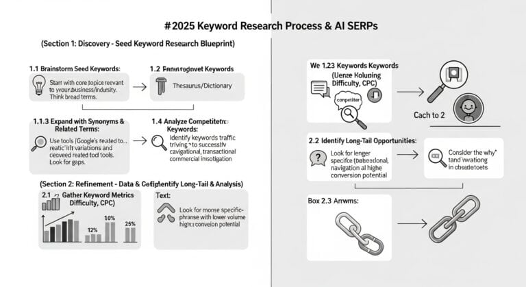 Keyword research process infographic for SEO and AI SERPs with seed keywords and long-tail analysis