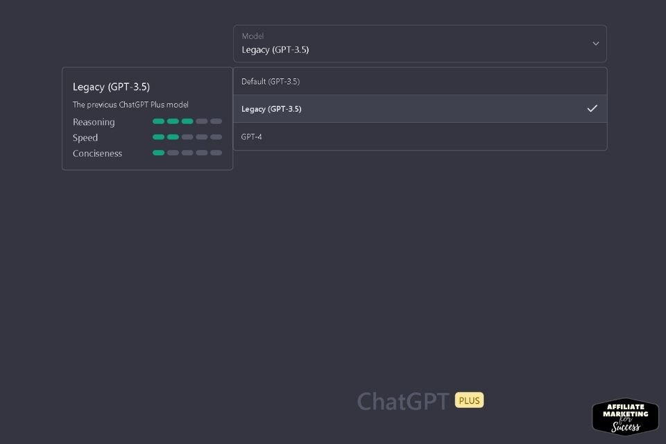 Legacy ChatGPT-3.5 is the previous ChatGPT Plus model. It scores: Reasoning 3/5, Speed: 2/5, and Conciseness 1/5