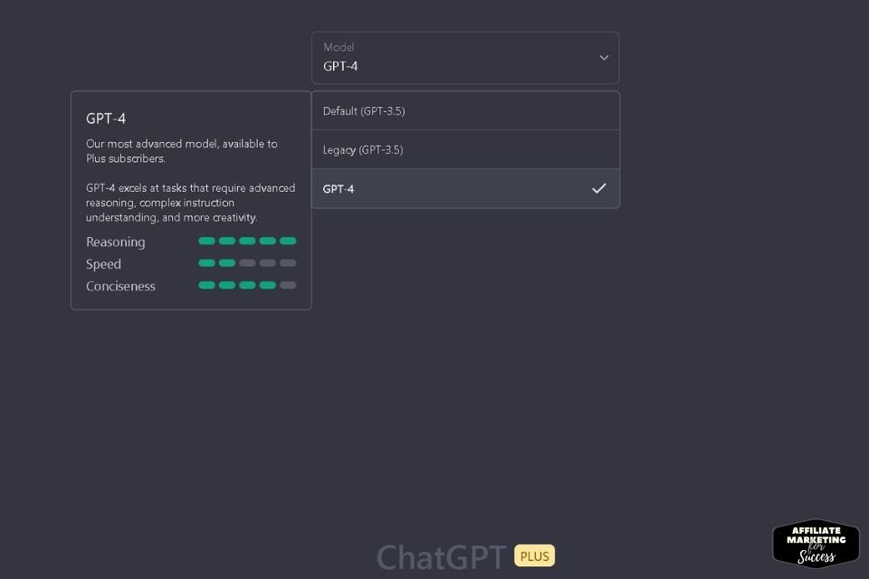 ChatGPT-4 is the most advanced model, currently available to Plus users. It scores: Reasoning 5/5, Speed: 2/5, and Conciseness 4/5