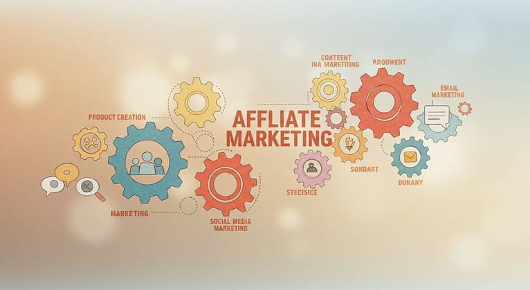 Affiliate Marketing diagram with gears representing different marketing aspects.