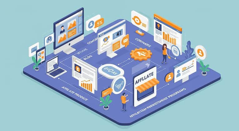 Affiliate program process, infographic showing marketing steps.