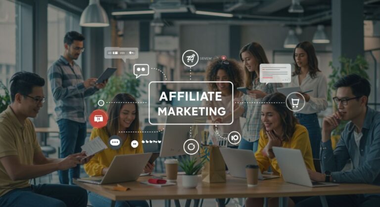 Affiliate marketing team collaborating on program choices and strategies.