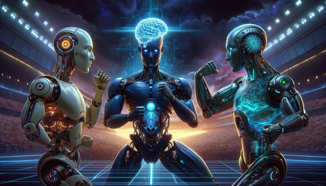 A dramatic depiction of a fictional "Battle of the Bots" featuring ChatGPT, Grok, and Bard/Gemini. This epic scene shows three distinct robots, each symbolizing a different AI, engaged in a friendly competition. ChatGPT is depicted as a sleek, humanoid robot with a glowing brain-like structure for its head, Grok as a robust, muscular robot with a complex, intricate design, and Bard/Gemini as a futuristic, streamlined robot with a twin design, indicating its dual nature. The background is a digital arena, filled with dynamic lighting and futuristic elements, symbolizing the digital realm where these AI bots interact and compete.