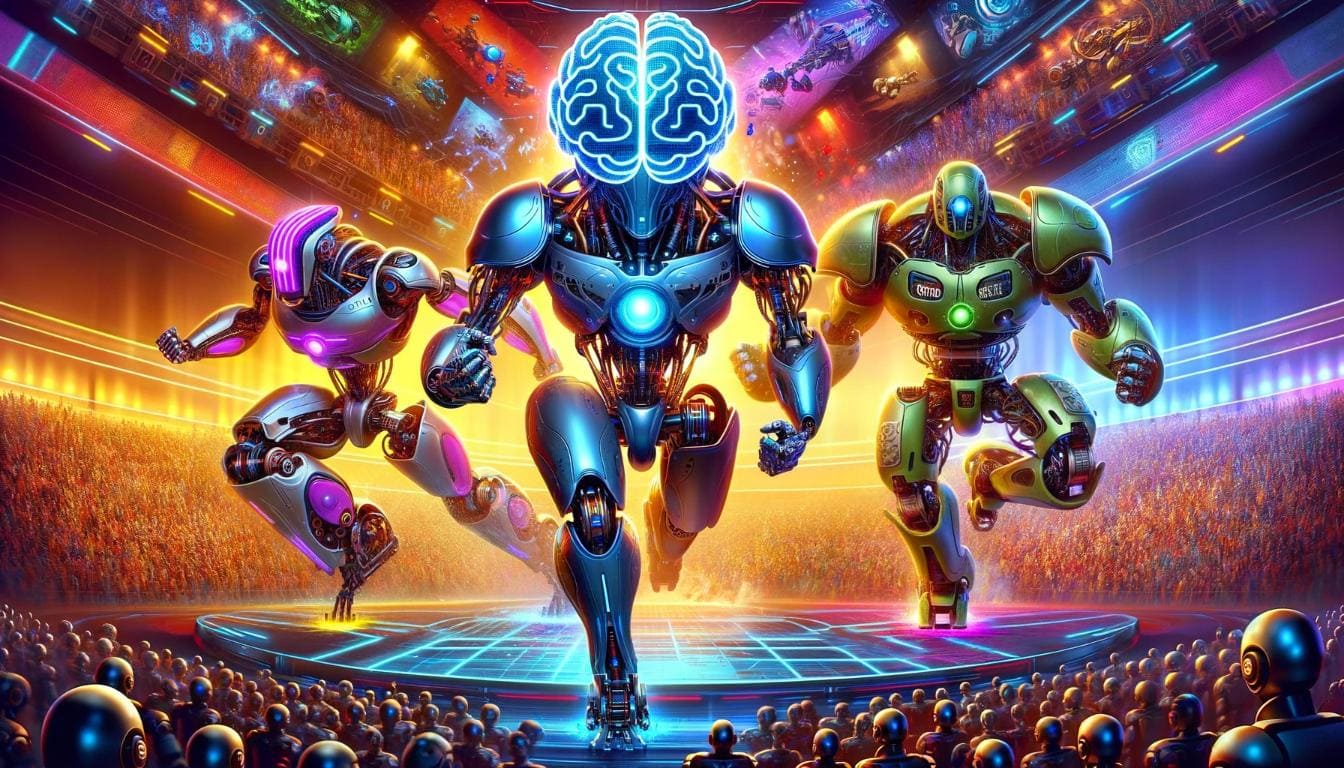 A dramatic and colorful scene depicting a futuristic robot battle titled 'BATTLE of the BOTS'. Three distinct and imaginative robots, each representing ChatGPT, Grok, and Bard/Gemini, are shown in a dynamic and action-packed setting. ChatGPT's robot is sleek and resembles a giant brain with limbs, symbolizing intelligence and language capabilities. Grok's robot is muscular and robust, emphasizing strength and power. Bard/Gemini's robot is elegant and swift, with a design that suggests creativity and versatility. The background is a digital arena, filled with spectators made of various types of smaller robots, cheering and observing the competition.