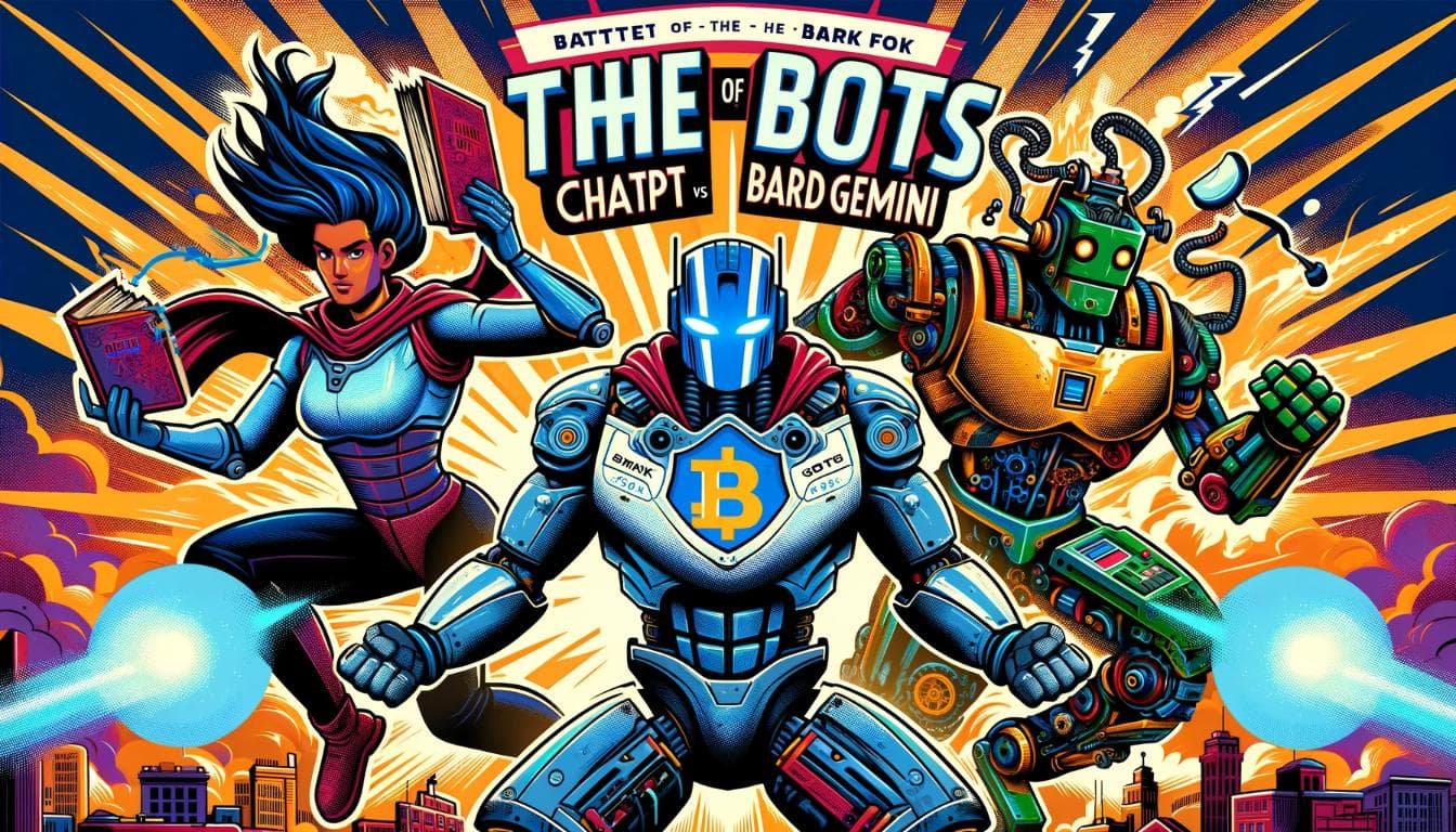 A comic book style cover for 'BATTLE of the BOTS: ChatGPT vs Grok vs Bard/Gemini'. This vibrant cover features bold and stylized versions of the three bots, each showcasing their unique abilities. ChatGPT is depicted as a superhero with a cape and a book emblem, representing knowledge and language skills. Grok appears as a powerful robot with gears and circuits, symbolizing technical strength and efficiency. Bard/Gemini is illustrated as a swift and agile character, with elements of creativity and innovation. The background is an explosive and dynamic cityscape, adding to the high-energy and exciting atmosphere of the battle.