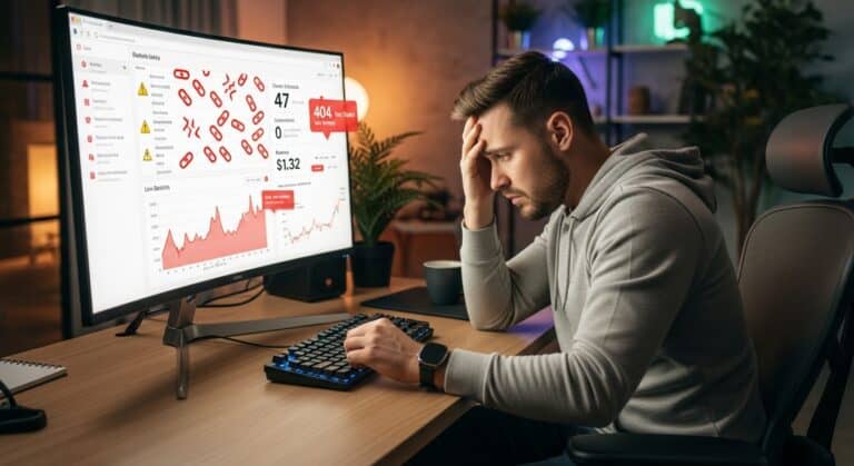 Affiliate marketing failure dashboard with warnings and declining performance chart