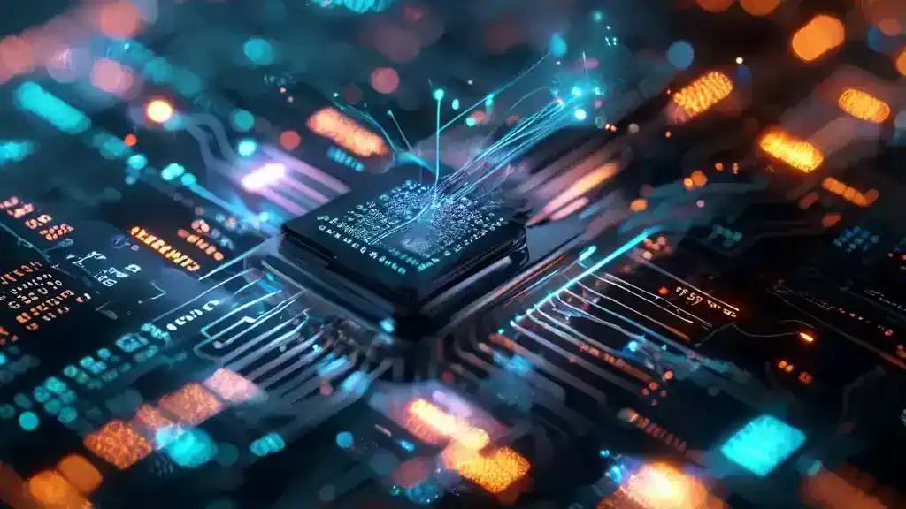 A professional 3D visualization showing the integration of text, image, and audio data streams into a central AI neural model, representing multimodal artificial intelligence technology.