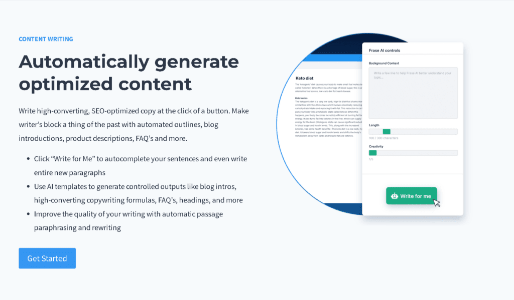 Frase automatically generates optimized content with the click of a button