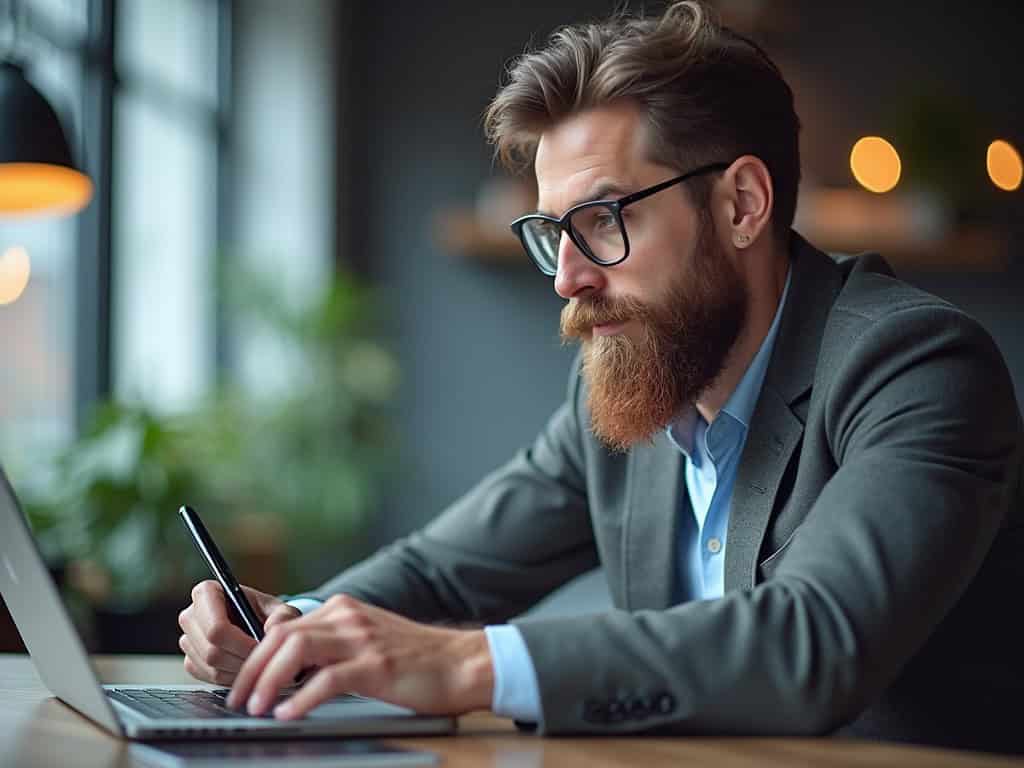 Image of a bearded professional deeply focused on his laptop, likely generating affiliate content for his business, showcasing the dedication required for successful affiliate marketing strategies.