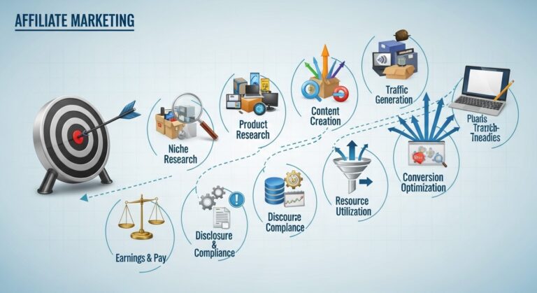 A 7-step blueprint infographic outlining an affiliate marketing strategy with icons for niche, traffic, funnels, tools, disclosure, and earnings.