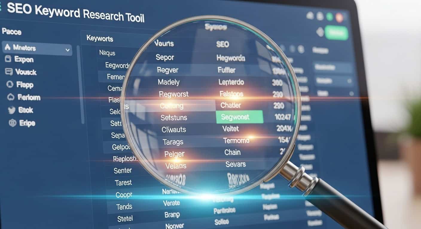 A magnifying glass over a computer screen showing an SEO keyword tool, highlighting 'hidden gem' profitable keywords for search ranking domination.