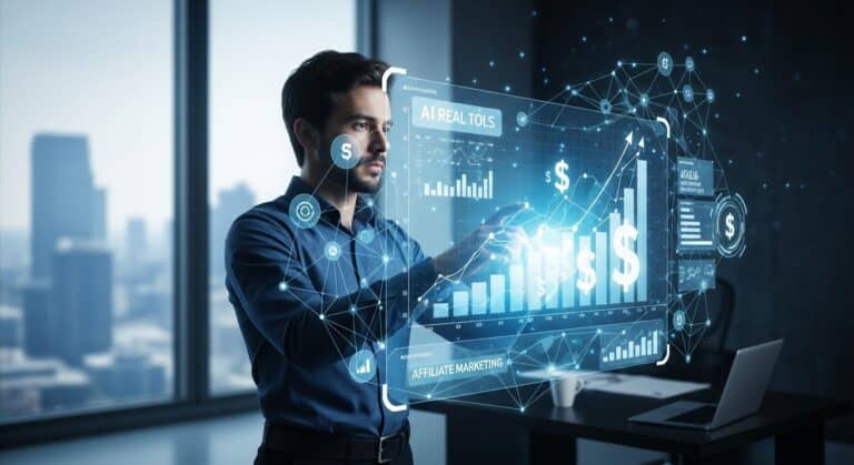 Digital illustration of a person leveraging AI tools for an affiliate marketing business, showing upward trend graphs and money symbols, signifying successful passive income generation and business scaling.