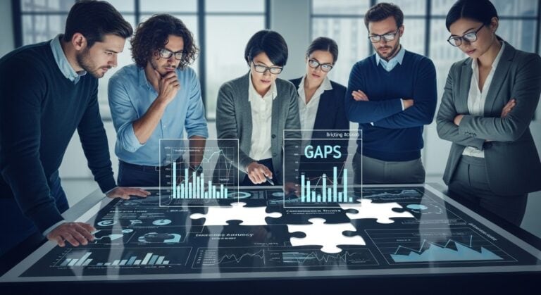 Infographic illustrating common gaps in affiliate programs, with charts and data. A group of diverse US affiliate professionals is shown analyzing program shortcomings.