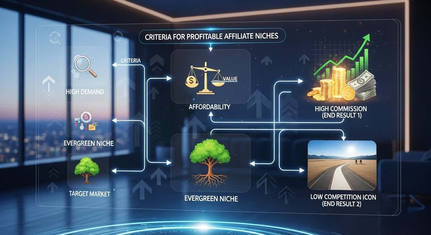 An infographic-style image depicting a checklist or flowchart highlighting criteria for profitable affiliate niches, featuring upward-trending financial graphs, stacks of money, and an open path symbolizing low competition, set against a background of strategic business planning.