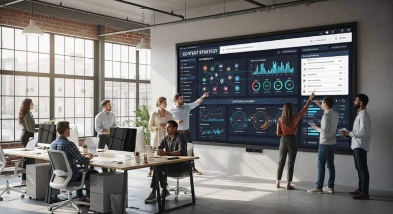 Team reviewing content strategy & analytics on large screen. Modern office.