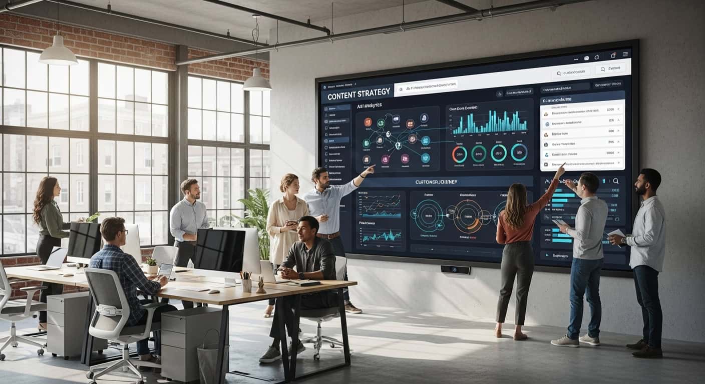 Team reviewing content strategy & analytics on large screen. Modern office.