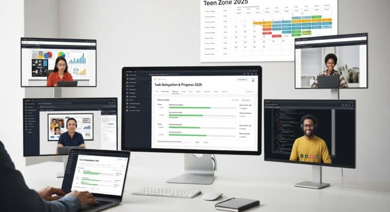Collaboration software on multiple screens shows diverse professionals working.