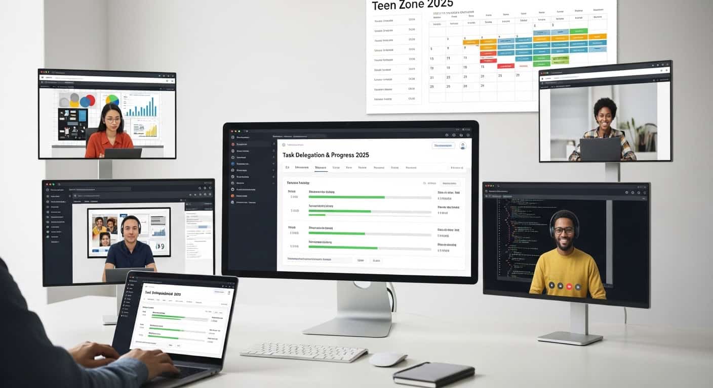 Collaboration software on multiple screens shows diverse professionals working.