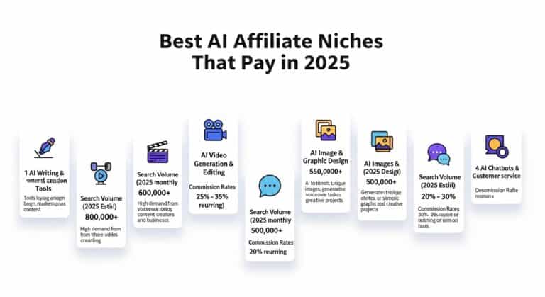 Best AI Affiliate Niches That Pay in 2025 infographic. AI writing, video, graphics, chatbots.