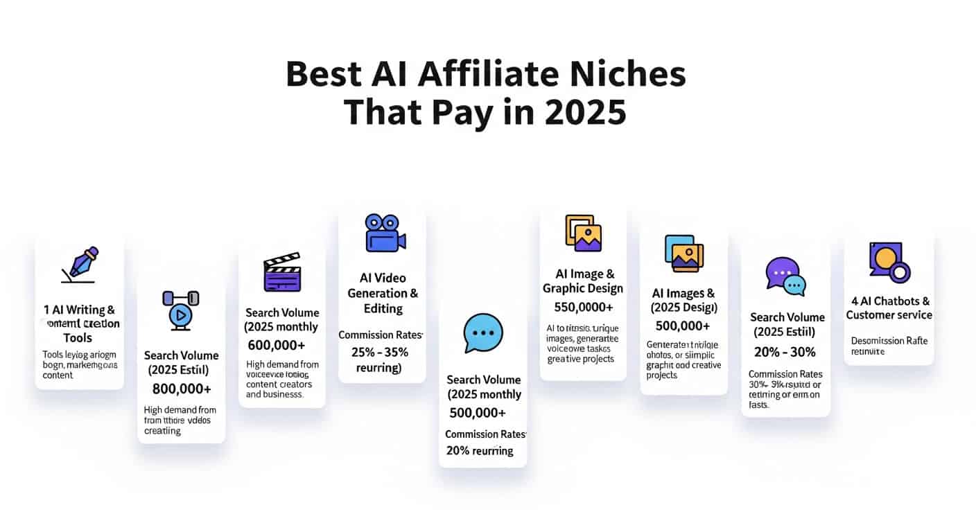 Best AI Affiliate Niches That Pay in 2025 infographic. AI writing, video, graphics, chatbots.