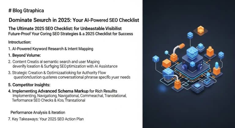 AI-powered SEO checklist for 2025. Abstract graphic showing interconnected SEO elements.