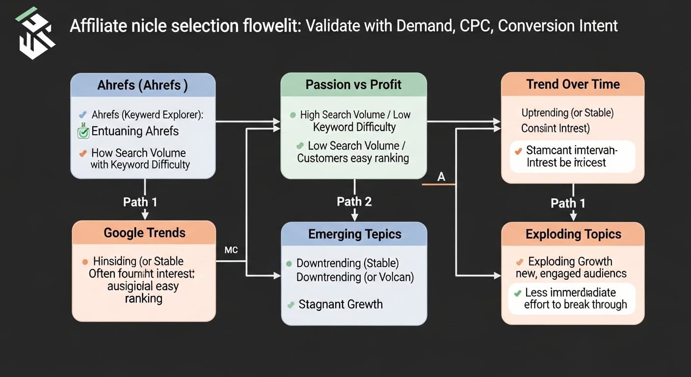 Affiliate niche selection flowchart: Validate demand, CPC, conversion intent using Ahrefs, Google Trends.