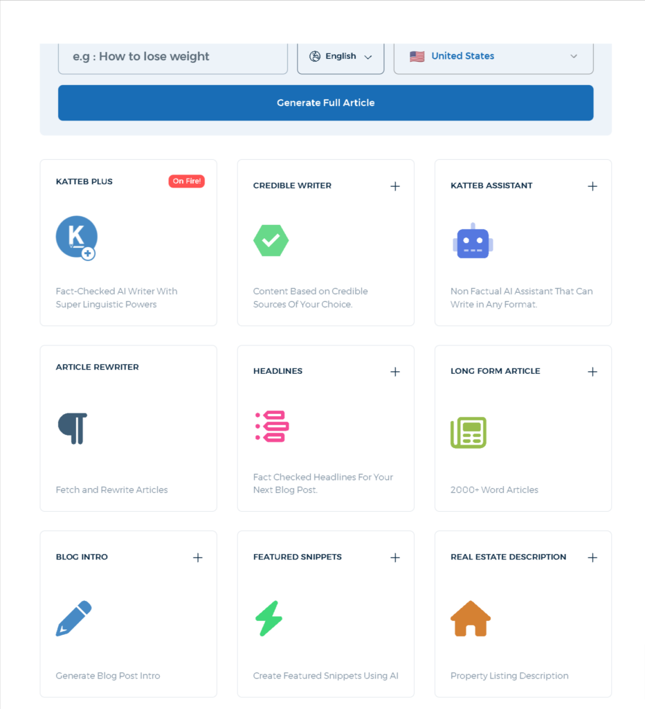 The Katteb Dashboard offers 31 different content templates.
