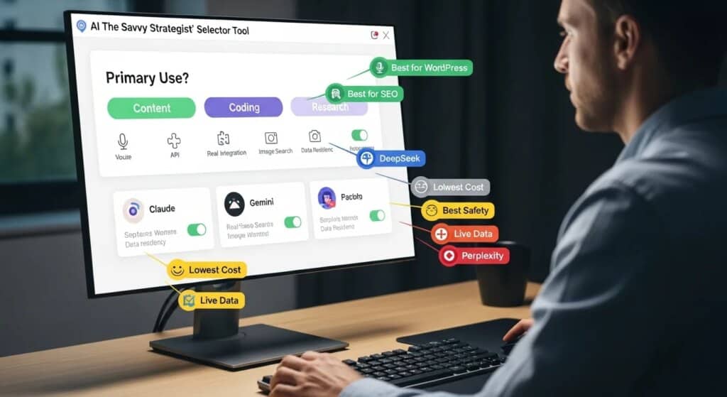 ChatGPT Alternatives 2026: AI comparison tool showing options like Claude, Gemini, DeepSeek. Content, Coding, Research primary uses.