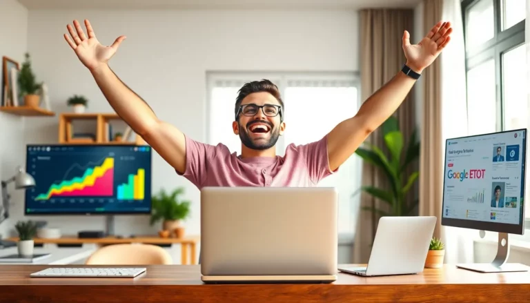 Successful blogger celebrating achievement with laptop showing growth charts and social media engagement - 2024-10-01 18.26.32