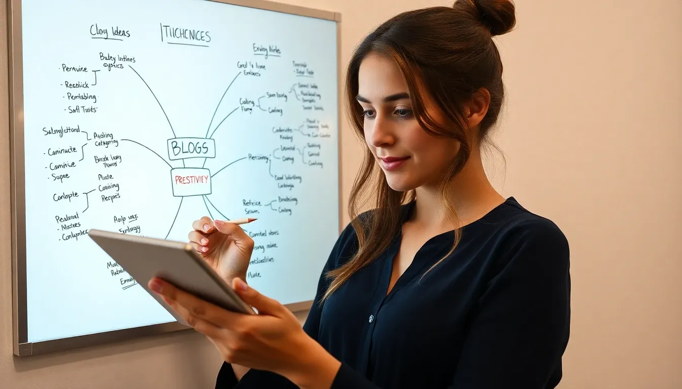 Woman brainstorming blog niche ideas on a digital whiteboard - 2024-10-01 18.24.00