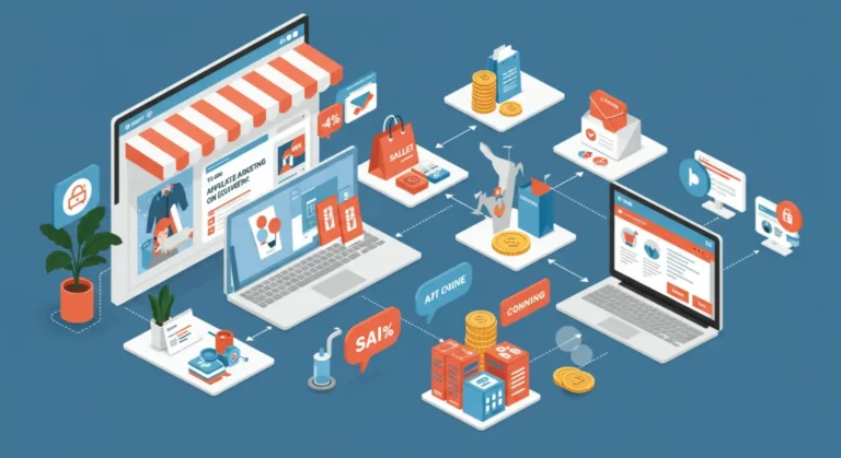 Affiliate marketing illustration showing online sales process.