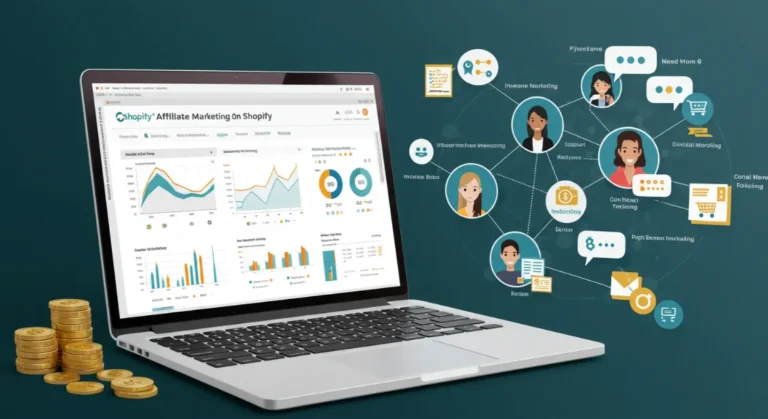 Affiliate marketing on Shopify blog: Laptop displaying sales data with gold coins.