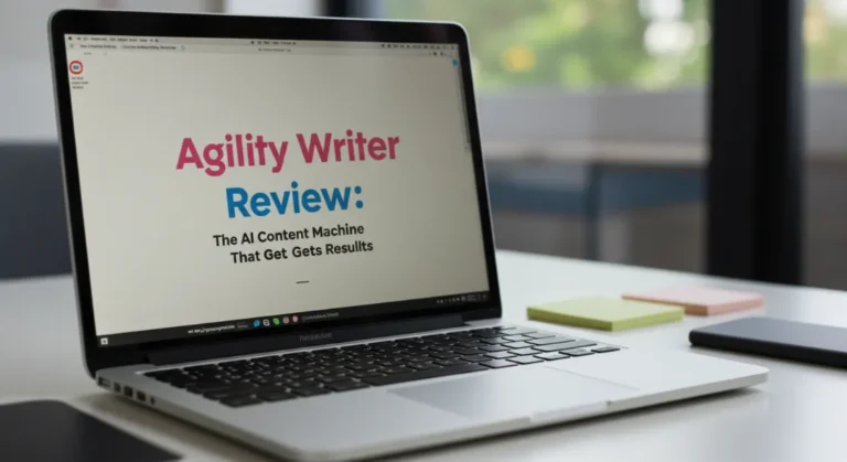 Agility Writer AI review on laptop. AI content machine.