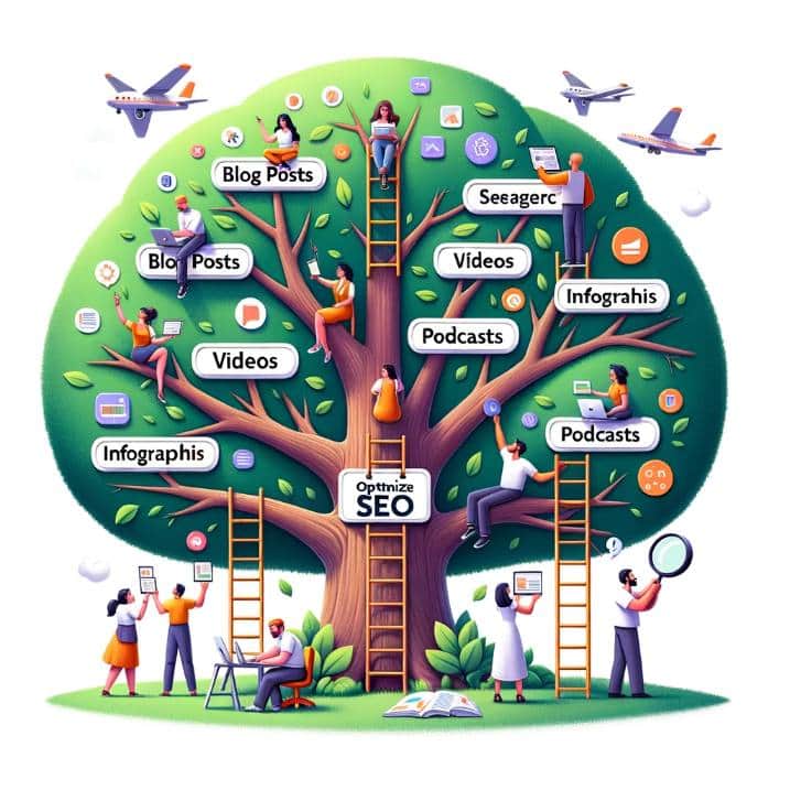 Illustration of a grand tree with its branches representing different content types like 'Blog Posts', 'Videos', 'Infographics', and 'Podcasts'. Diverse characters climb and interact with the branches, placing content pieces strategically. An Hispanic female hangs a 'Keyword Research' sign on the 'Blog Posts' branch, while a Middle Eastern male analyzes the 'Video SEO' section with a magnifying glass. At the tree's base, a sign reads 'Optimize SEO with Content Planning'.