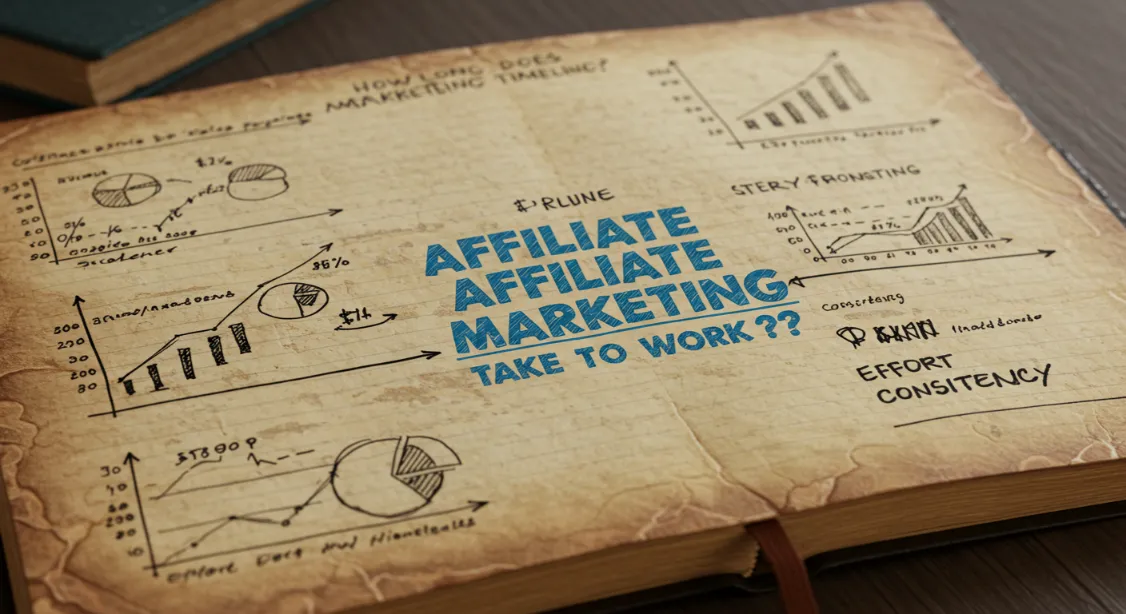 Affiliate marketing timeline notebook with graphs and handwritten notes.