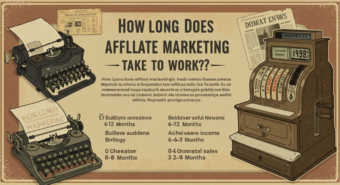 How long affiliate marketing takes infographic with typewriter and cash register.