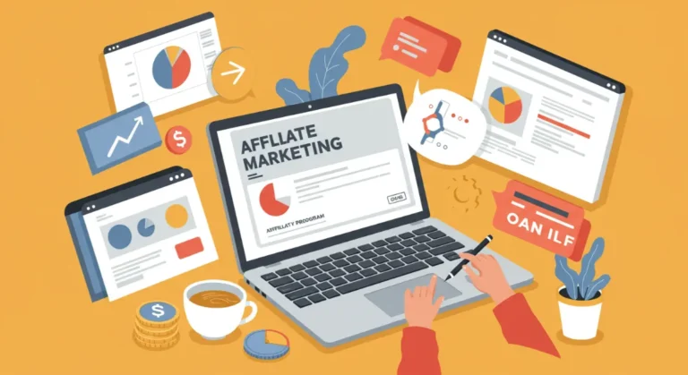 Affiliate marketing illustration: Laptop showing program, charts, and data.