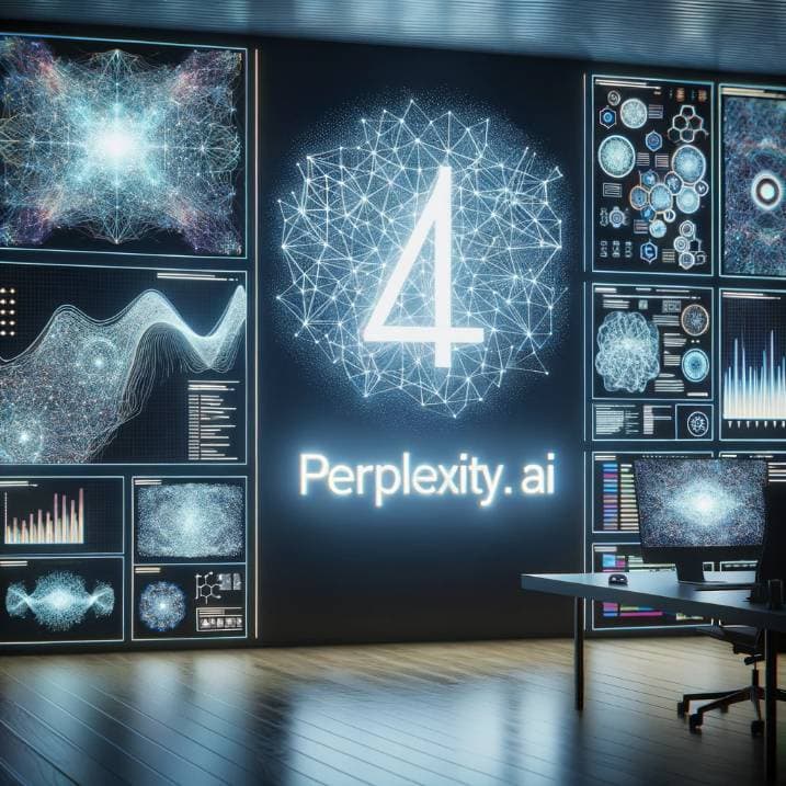 Photo of a modern AI lab with large screens displaying intricate neural network diagrams and graphs. A logo reading 'Perplexity.AI' shines brightly on one of the walls, illuminating the room.