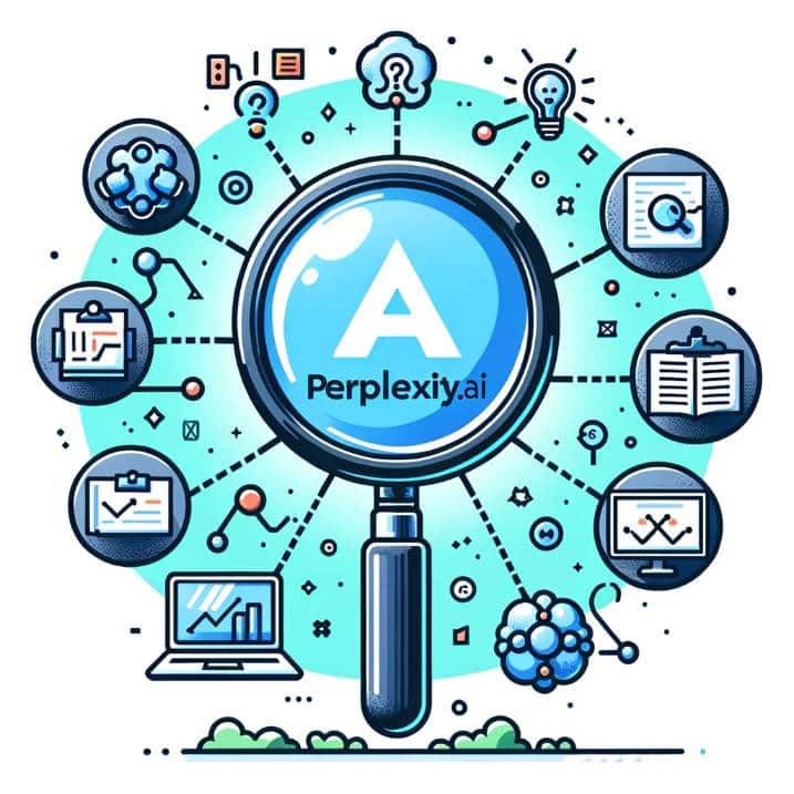 Illustration of a giant magnifying glass over the Perplexity.ai logo, with small icons around it symbolizing data analysis, reading papers, collaborating, and brainstorming. A caption below reads: 'Diving Deep with Perplexity.ai'.