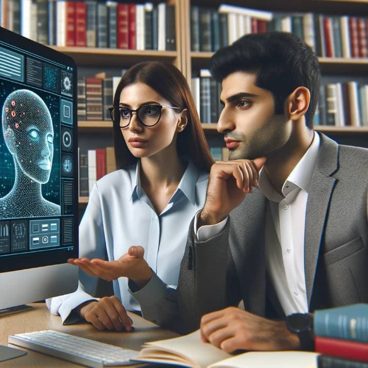 Photo of a woman of Hispanic descent and a man of Middle Eastern descent, both in professional attire, discussing their research strategy with a Perplexity.ai interface open on a computer screen beside them. Bookshelves filled with research books form the background.