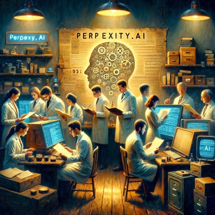 Oil painting representation of a diverse group of scientists collaborating in a dimly lit, vintage-styled room. They are analyzing data on parchment and old-style monitors, juxtaposing old and new. The name 'Perplexity.AI' subtly appears on various equipment and papers.