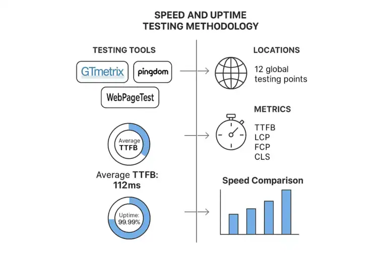 Web hosting speed test methodology: tools, metrics, locations, uptime, &amp; TTFB.