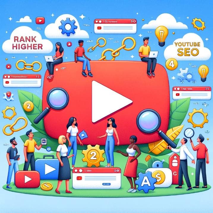 Illustration of a giant YouTube play button in the center, surrounded by various SEO icons like search magnifying glasses, keywords, and backlink chains. Diverse animated characters interact with these icons: a Hispanic male adjusts the video title, an Asian female analyzes the video description, and another person checks the comments section. Above, clouds with the words 'Rank Higher with YouTube SEO' float by.