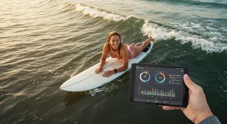 Woman surfing with Surfer SEO data on tablet.