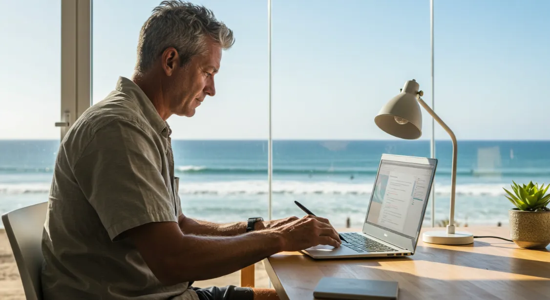 Man using Surfer SEO on a laptop with ocean view.